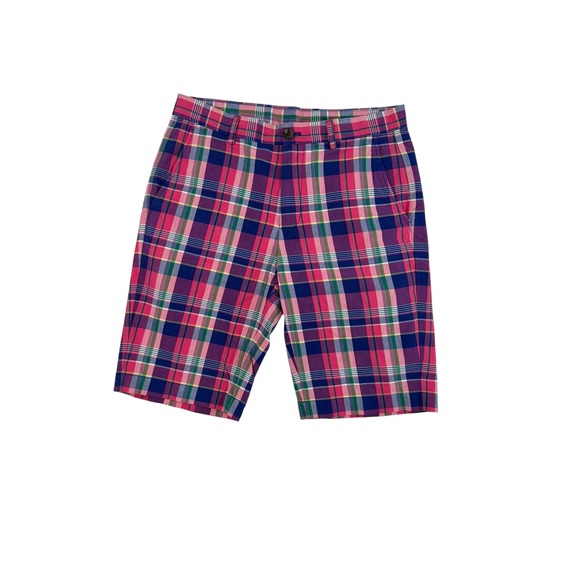 Brooks Brothers Plaid 10.5" Shorts Preppy Casual‎ Flat Front Pink Blue Mens 32 - Picture 1 of 5